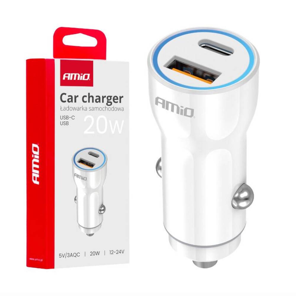 Incarcator auto 2xUSB, 12-24V, USB-A si USB-C, 20W, alb, 03881 Amio Incarcator auto 2xUSB, 12-24V, USB-A si USB-C, 20W, alb, 03881 Amio