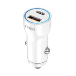 Incarcator auto 2xUSB, 12-24V, USB-A si USB-C, 20W, alb, 03881 Amio 