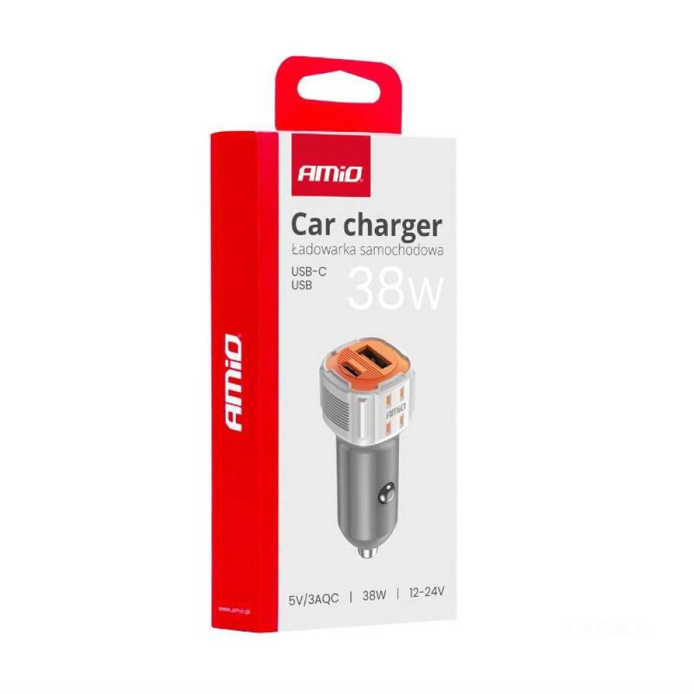 Incarcator auto 2xUSB, 12-24V, USB-A si USB-C, 38W, alb-portocaliu, 03883 Amio Incarcator auto 2xUSB, 12-24V, USB-A si USB-C, 38W, alb-portocaliu, 03883 Amio