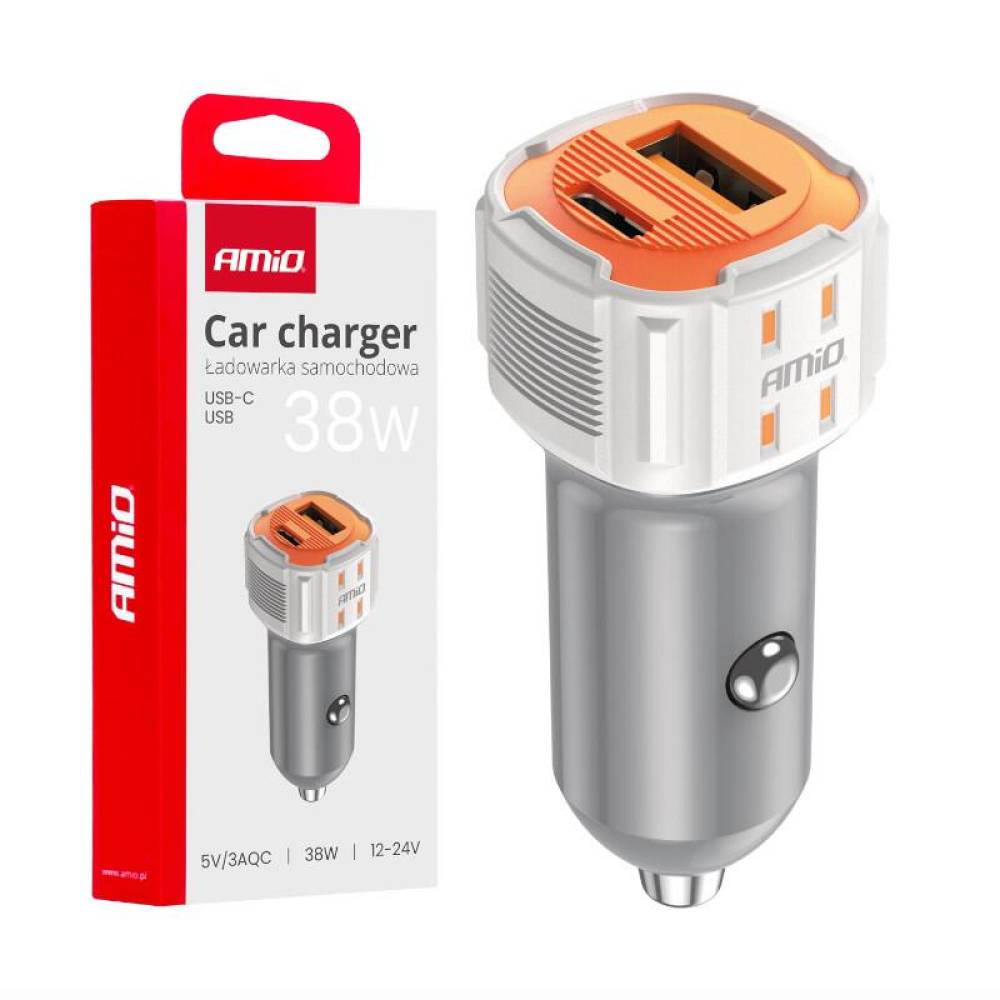 Incarcator auto 2xUSB, 12-24V, USB-A si USB-C, 38W, alb-portocaliu, 03883 Amio Incarcator auto 2xUSB, 12-24V, USB-A si USB-C, 38W, alb-portocaliu, 03883 Amio