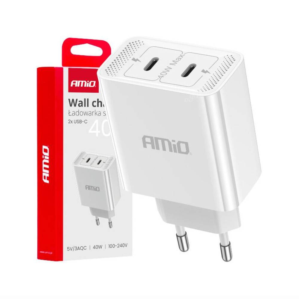 Incarcator rapid cu 2 USB-uri, priza 220V, 2xUSB-C 40W, 3AQC, 03892 Amio Incarcator rapid cu 2 USB-uri, priza 220V, 2xUSB-C 40W, 3AQC, 03892 Amio
