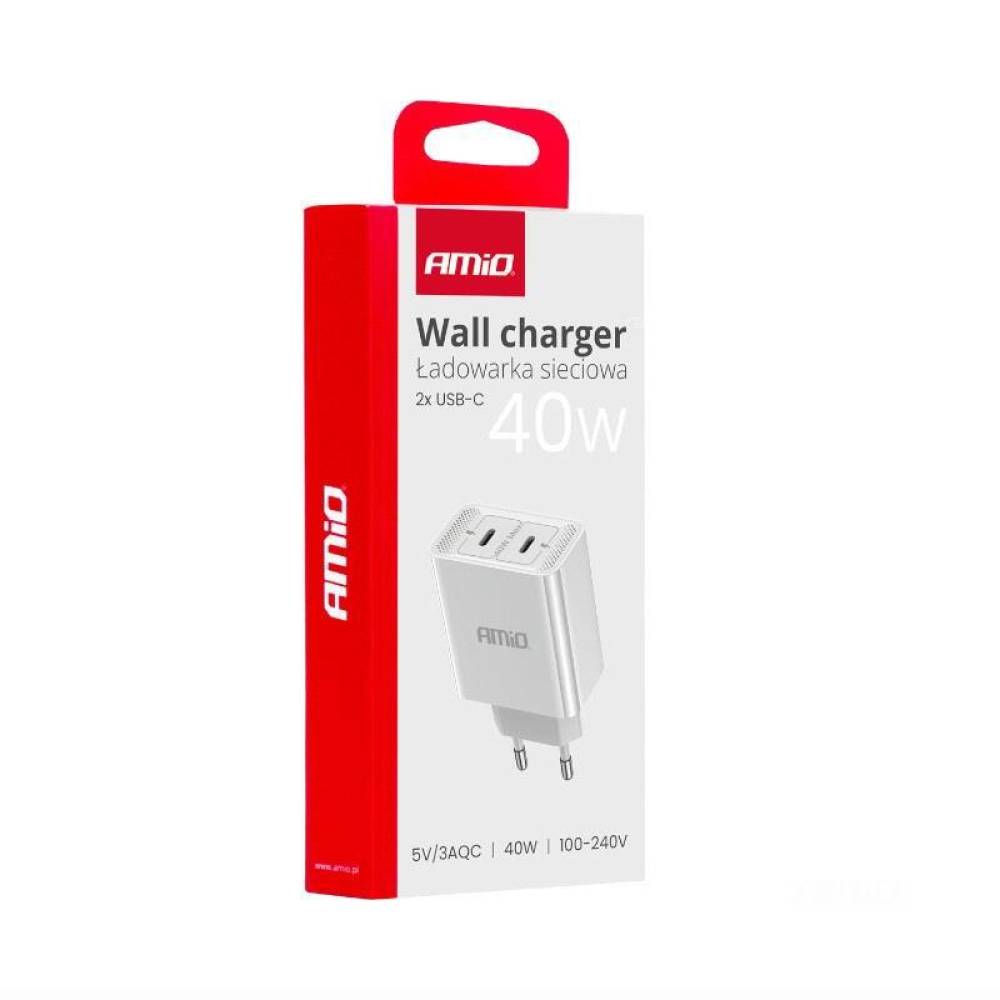 Incarcator rapid cu 2 USB-uri, priza 220V, 2xUSB-C 40W, 3AQC, 03892 Amio Incarcator rapid cu 2 USB-uri, priza 220V, 2xUSB-C 40W, 3AQC, 03892 Amio