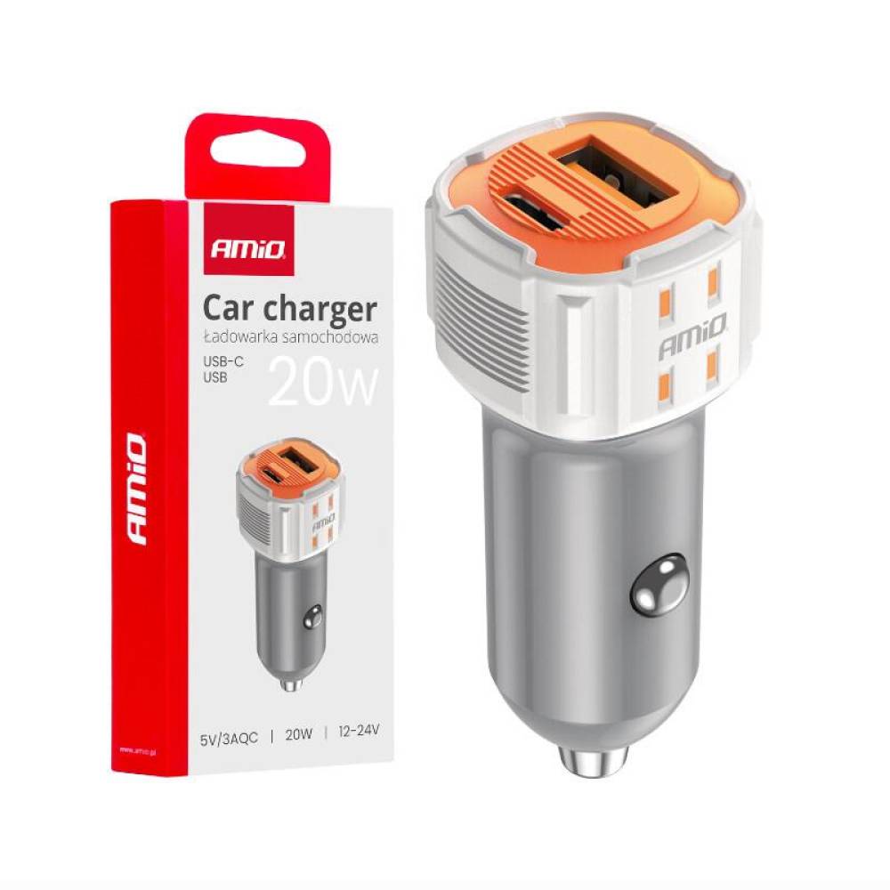 Incarcator auto 2xUSB, 12-24V, USB-A si USB-C, 20W, alb-portocaliu, 03882 Amio 