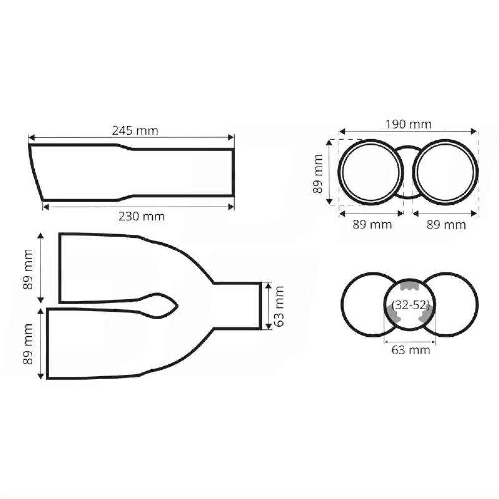 Ornament toba, interior 32-52, exterior 190x89, L245, dublu, crom-carbon, dreapta, 04070 Amio