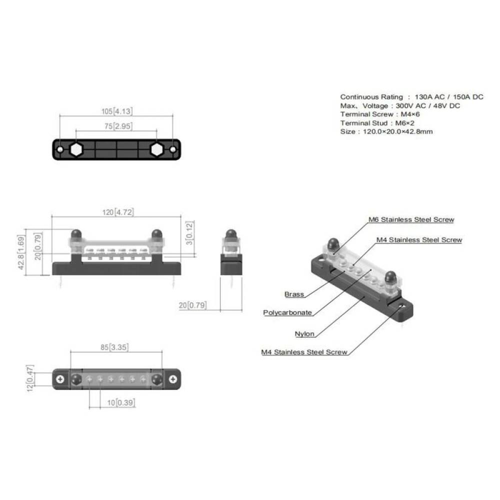 Conector fire electrice universal, 6 poli, 12-48V, 150A, cu capac, surub M6, negru minus, 03809 TruckLed