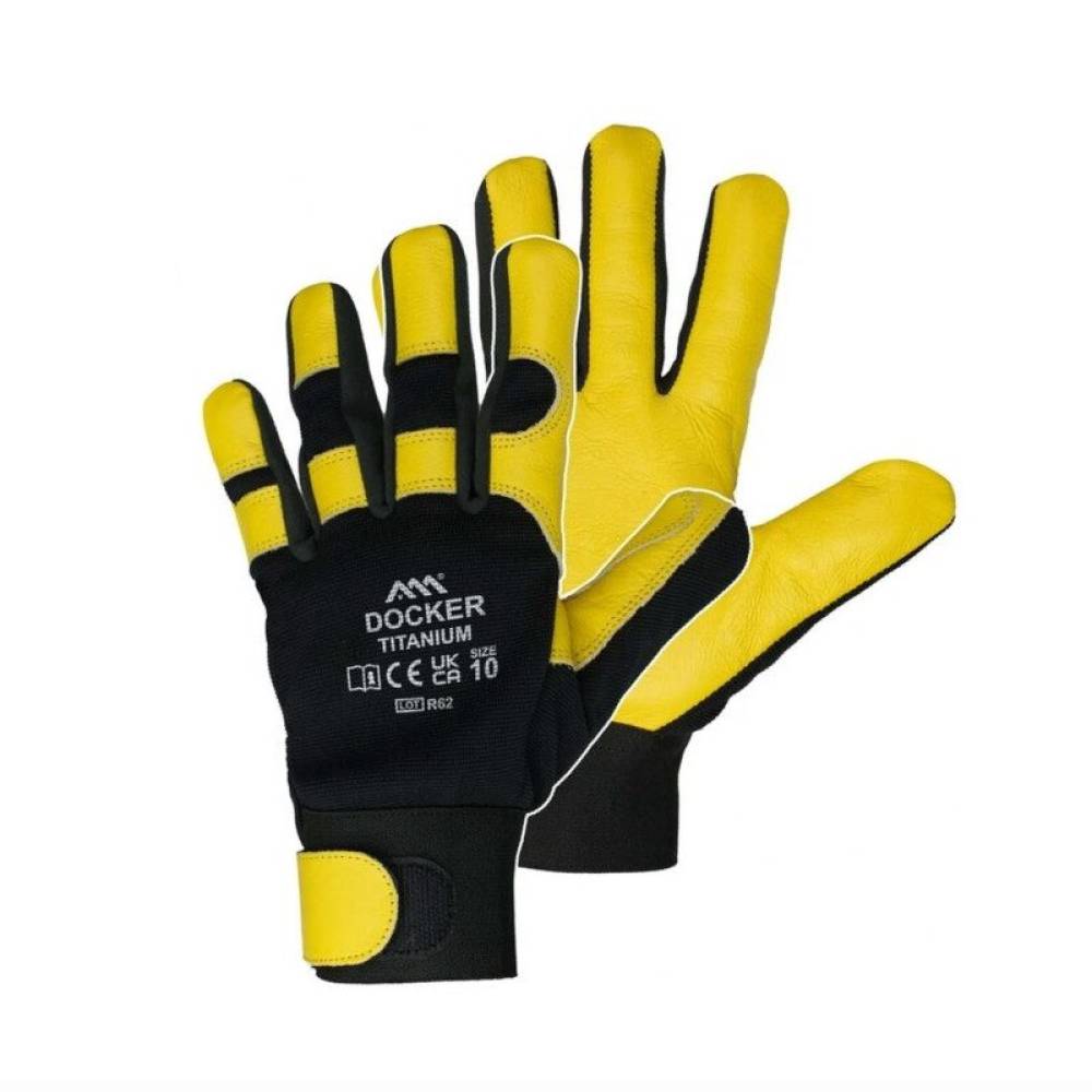Manusi de protectie din piele de vaca, cu tricotaj elastic negru, galbene, marimea 10, Docker Titanium, Artmas Manusi de protectie din piele de vaca, cu tricotaj elastic negru, galbene, marimea 10, Docker Titanium, Artmas