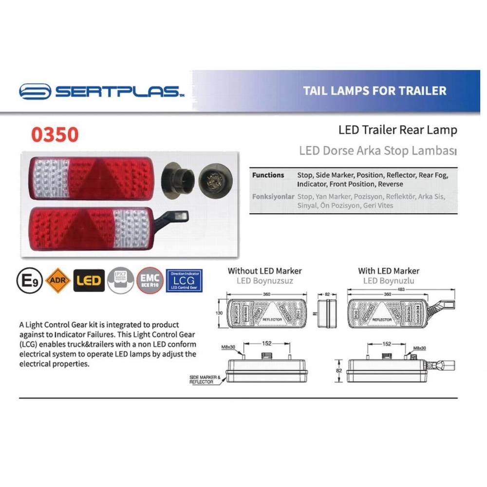 Lampa stop 360x130 cu 7 functii, LED, cu mufa Austrian Blade, Stanga, Sertplas 0350L 