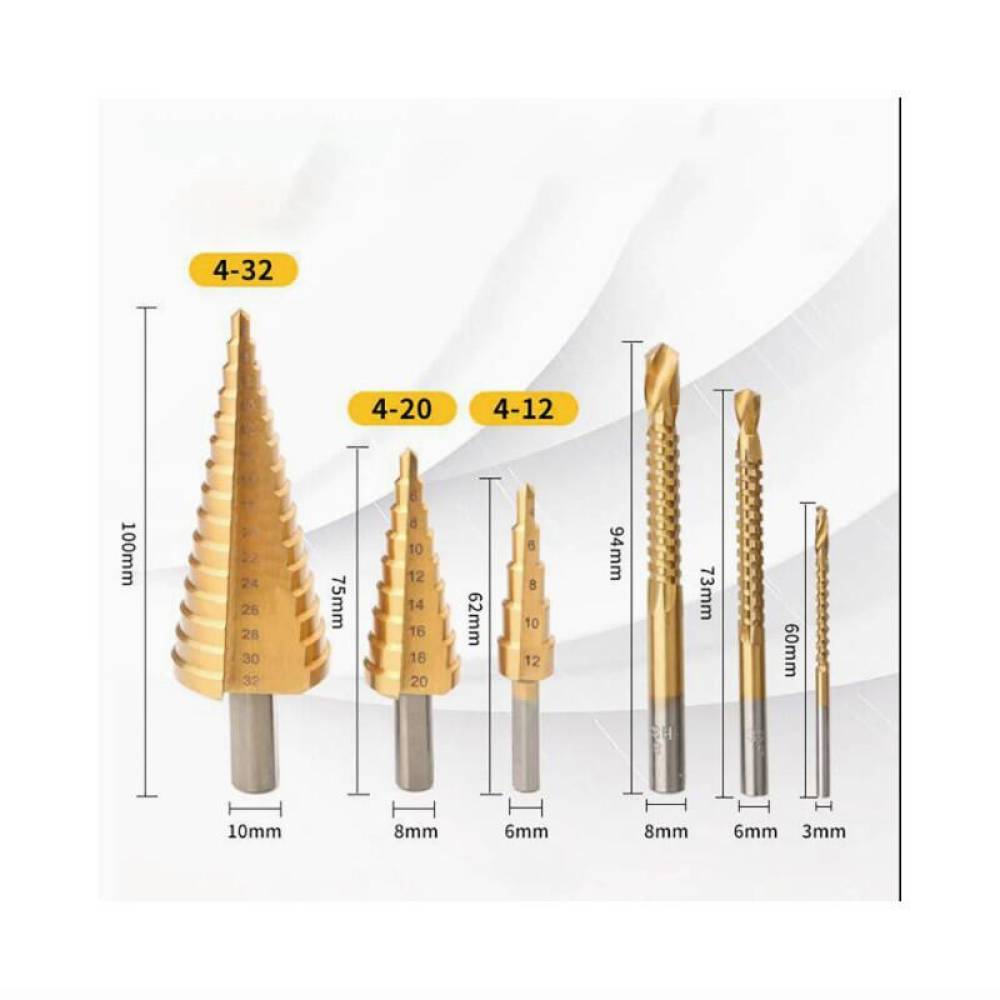 Set 6 burghie, 3 cu tarod, 4-12/20/32mm, 3 burghie fierastrau 3, 6, 8mm, AKC8143 Set 6 burghie, 3 cu tarod, 4-12/20/32mm, 3 burghie fierastrau 3, 6, 8mm, AKC8143