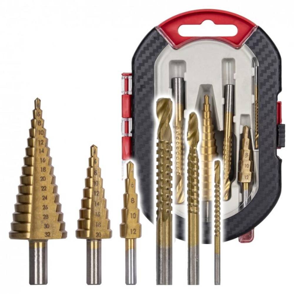 Set 6 burghie, 3 cu tarod, 4-12/20/32mm, 3 burghie fierastrau 3, 6, 8mm, AKC8143 Set 6 burghie, 3 cu tarod, 4-12/20/32mm, 3 burghie fierastrau 3, 6, 8mm, AKC8143
