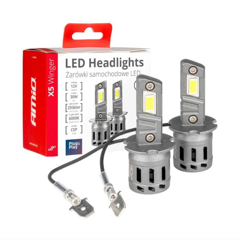 Set 2 becuri  H3, LED, 11-18V, 30W, 2936lm, 6000K, cu radiator, X5 Winger Series, 03944 Amio