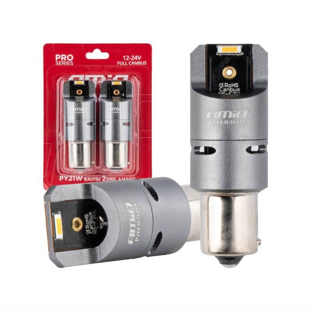 Set 2 becuri semnalizare, LED-uri SMD1860, 12-24V, BAU15S PY21W, Full Canbus, galben, Pro Series 03604 Amio