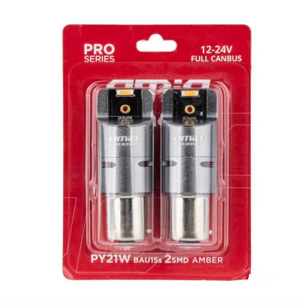 Set 2 becuri semnalizare, LED-uri SMD1860, 12-24V, BAU15S PY21W, Full Canbus, galben, Pro Series 03604 Amio