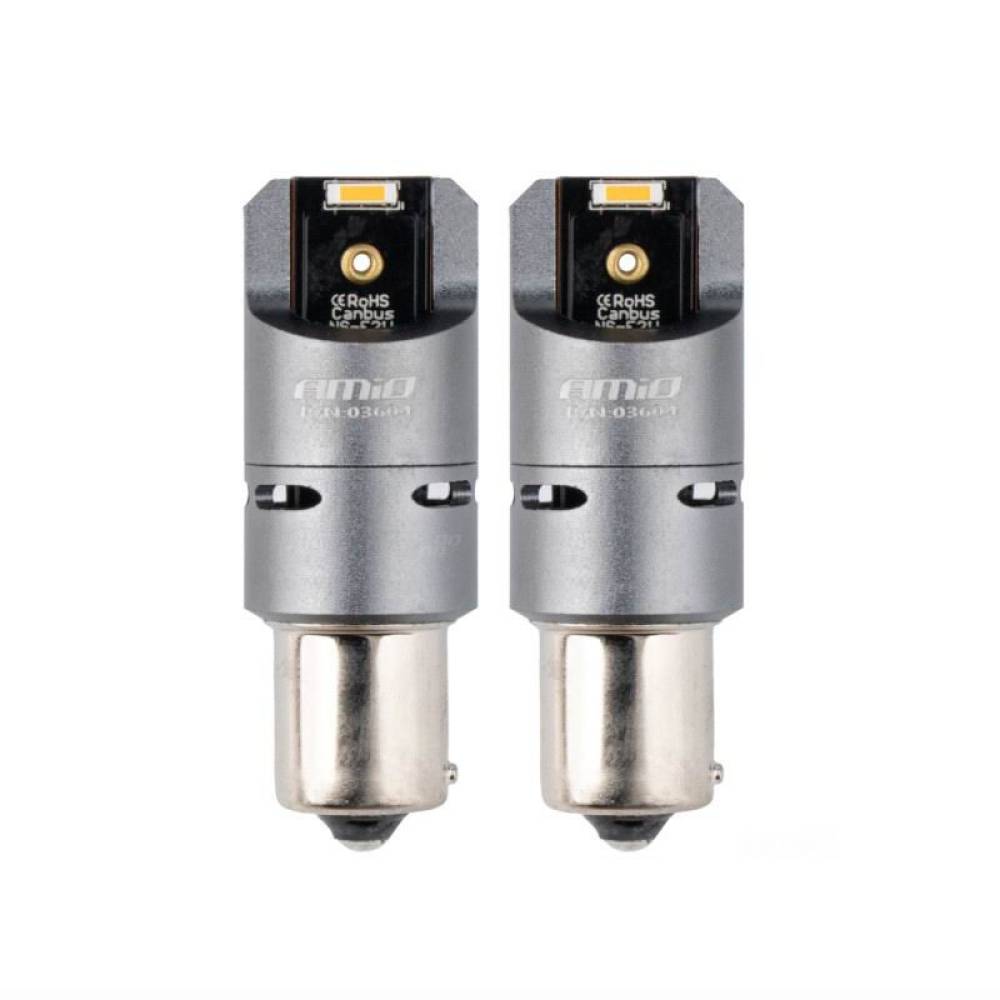 Set 2 becuri semnalizare, LED-uri SMD1860, 12-24V, BAU15S PY21W, Full Canbus, galben, Pro Series 03604 Amio
