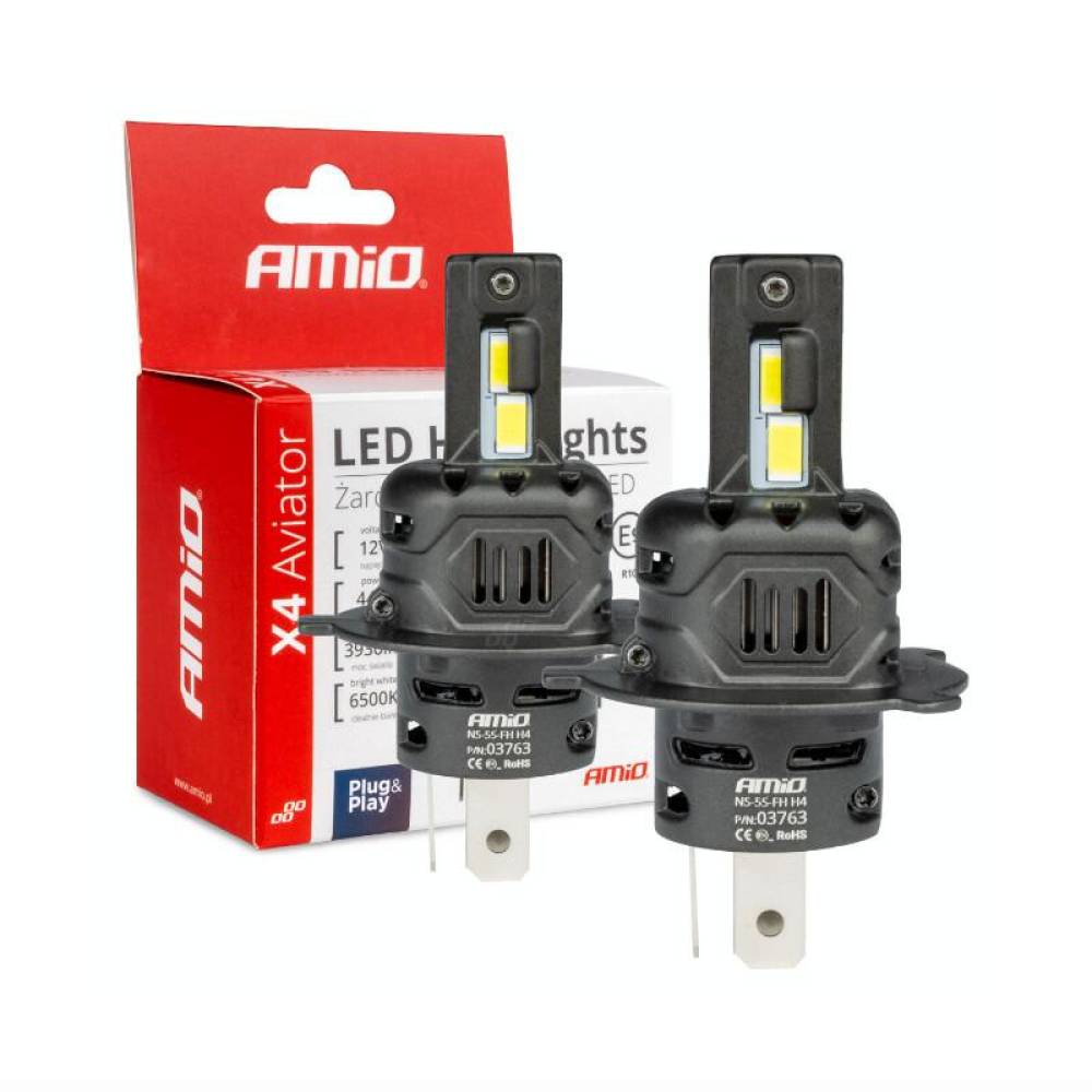 Set 2 becuri aluminiu H4-H19, LED, 12V, 44W, 3936lm, 6500K, cu radiator, Canbus, X4 Aviator 03763 Amio