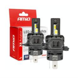Set 2 becuri aluminiu H4-H19, LED, 12V, 44W, 3936lm, 6500K, cu radiator, Canbus, X4 Aviator 03763 Amio