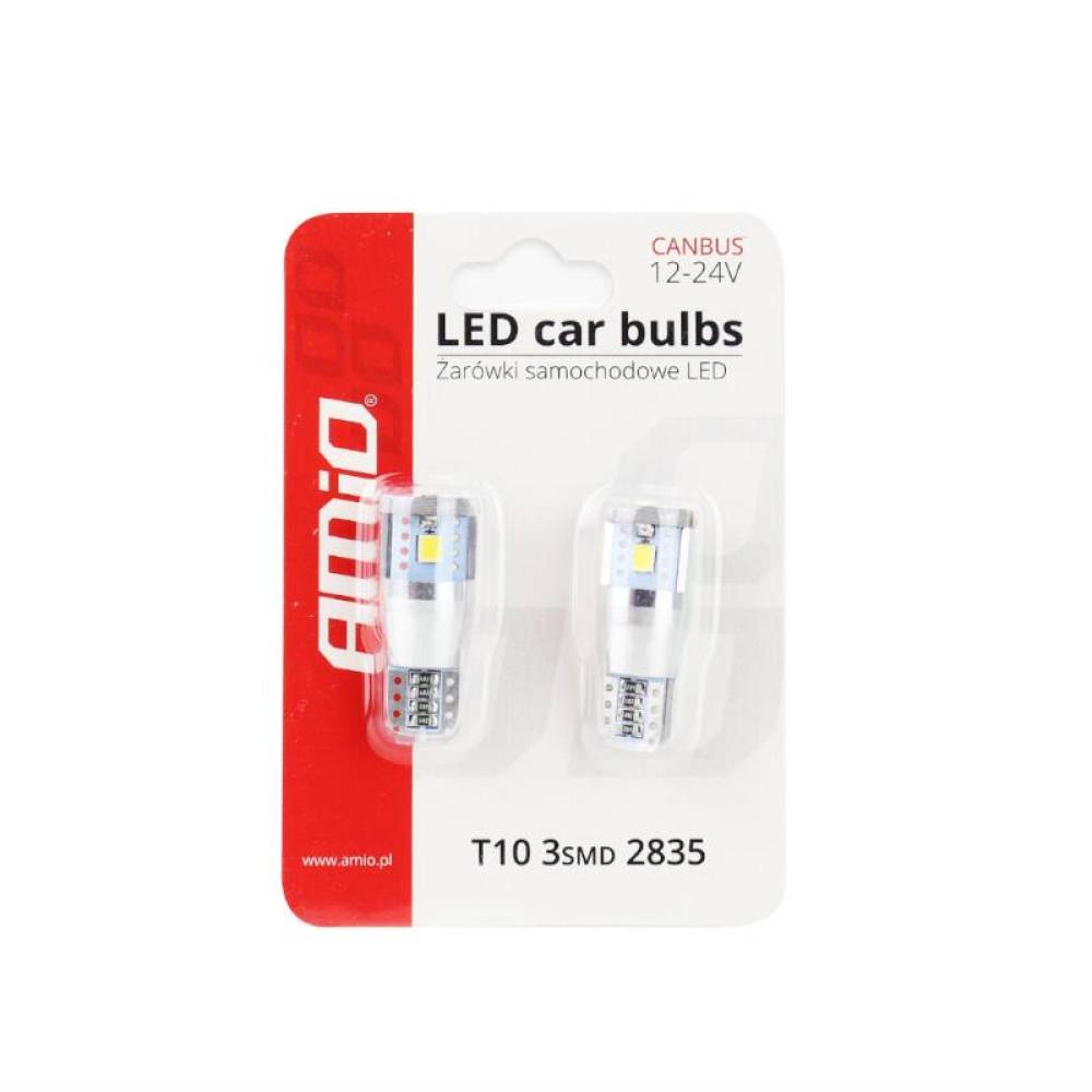 Set 2 becuri aluminiu T10e, 3 LED-uri SMD2835, 12-24V, W5W, 5600K, Canbus, alb, 01637 Amio 
