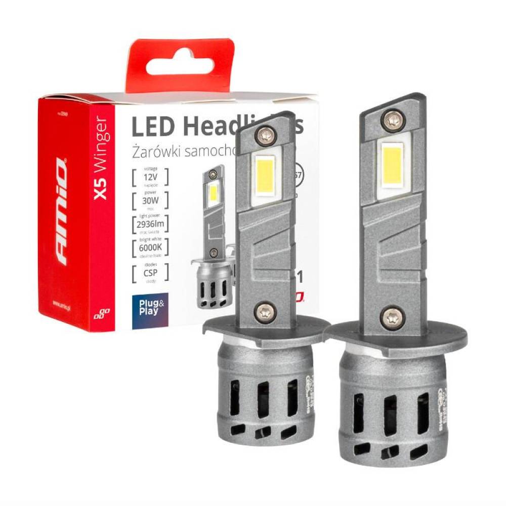 Set 2 becuri  H1, LED, 11-18V, 30W, 2936lm, 6000K, cu radiator, X5 Winger Series, 03943 Amio