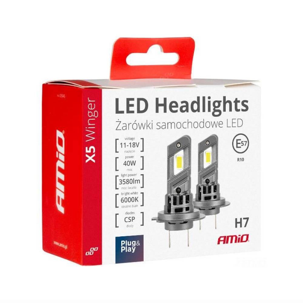 Set 2 becuri  H7, LED, 11-18V, 40W, 3580lm, 6000K, cu radiator, X5 Winger Series, 03946 Amio
