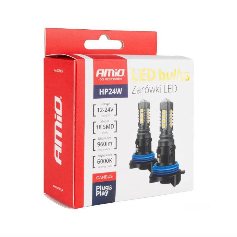 Set 2 becuri HP24W, 18 LED-uri, 12-24V, 6000K, 960lm, Canbus, cu lupa, 02803 Amio 