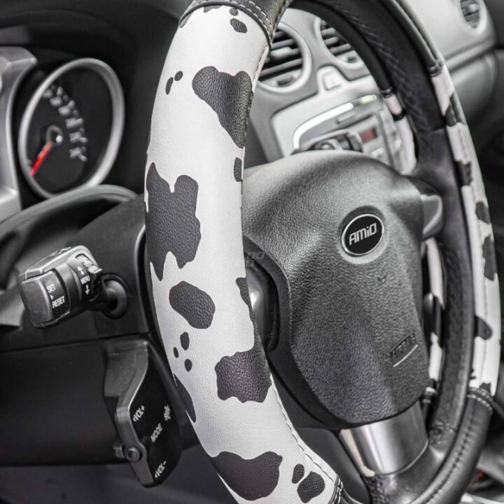 Husa volan 37-39cm, imitatie piele, neagra cu alb, Cow Print, 04172 Amio
