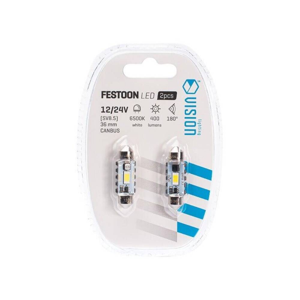 Set 2 becuri sofit SV8.5, C5W, 36mm, LED SMD3570, 12-24V, 3.4W, 400lm, iluminare 180gr, Canbus, Festoon, Vision 83210