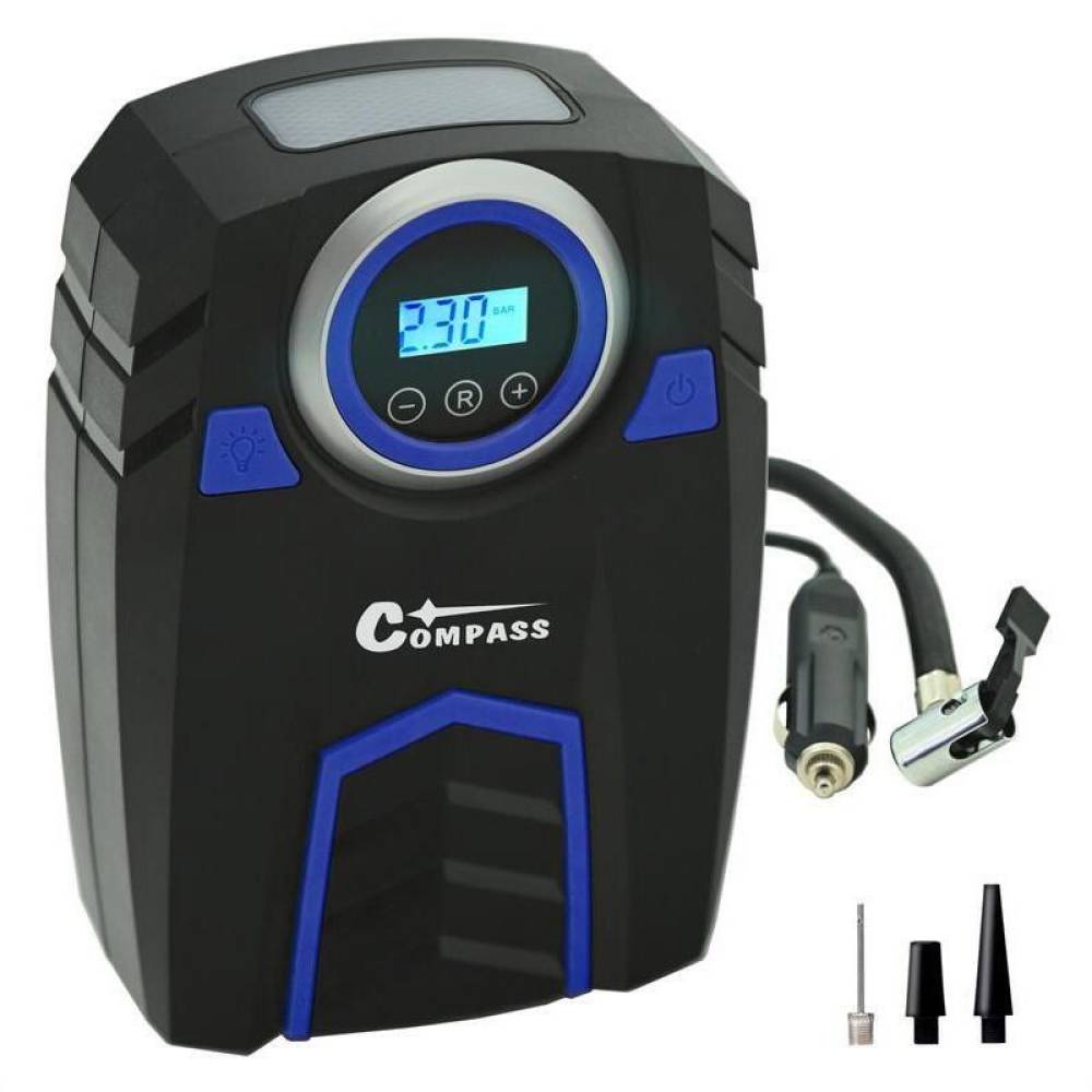 Compresor aer, 10bar, 12V, 120W, automat cu manometru digital, cu lanterna, 3 adaptoare, CORA, 07189 Compass