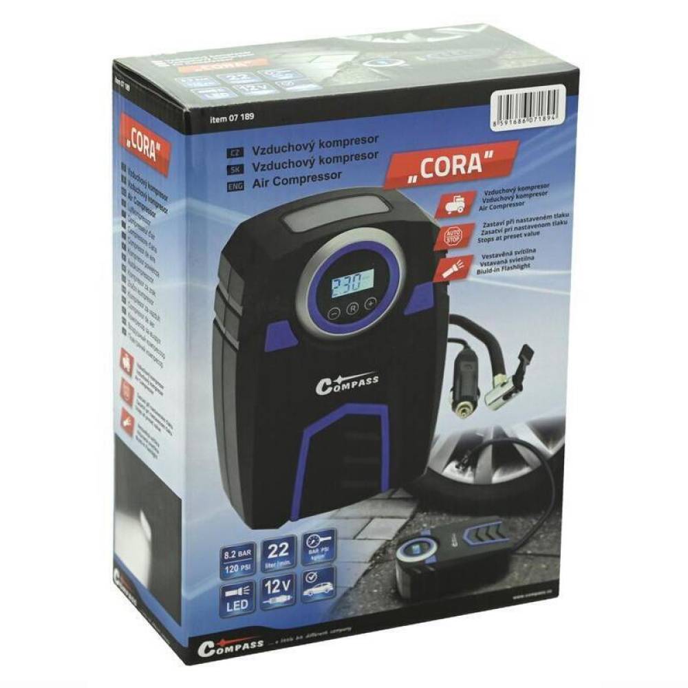 Compresor aer, 10bar, 12V, 120W, automat cu manometru digital, cu lanterna, 3 adaptoare, CORA, 07189 Compass