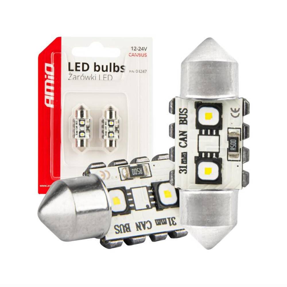 Set 2 becuri sofit, 12-24V, C5W, C3W 31mm, 2 LED-uri SMD 3838, Canbus, alb, 04247 Amio Set 2 becuri sofit, 12-24V, C5W, C3W 31mm, 2 LED-uri SMD 3838, Canbus, alb, 04247 Amio