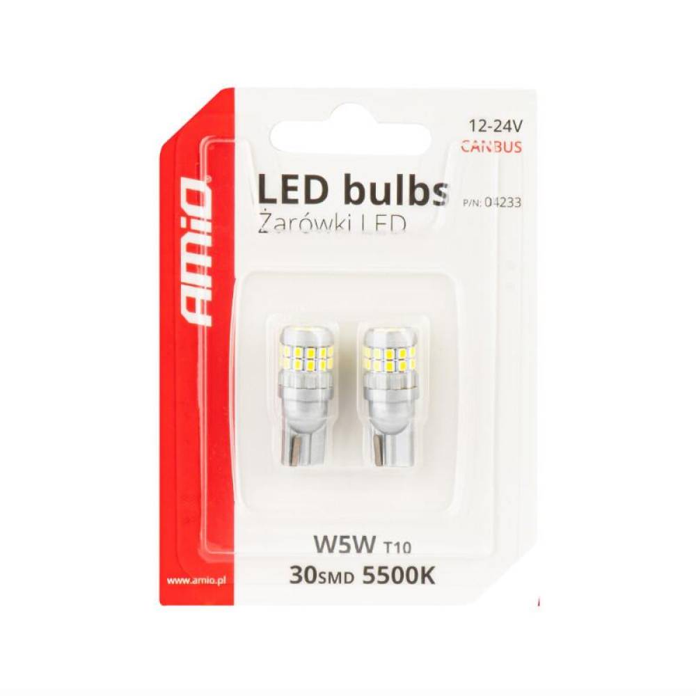 Set 2 becuri T10, 30 LED-uri SMD2016, 12-24V, W5W, CANBUS, alb 04233 Amio
