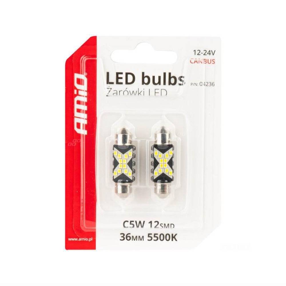 Set 2 becuri sofit, 12-24V, C5W, 36mm, 12 LED-uri SMD 2016, Canbus, alb, 04236 Amio