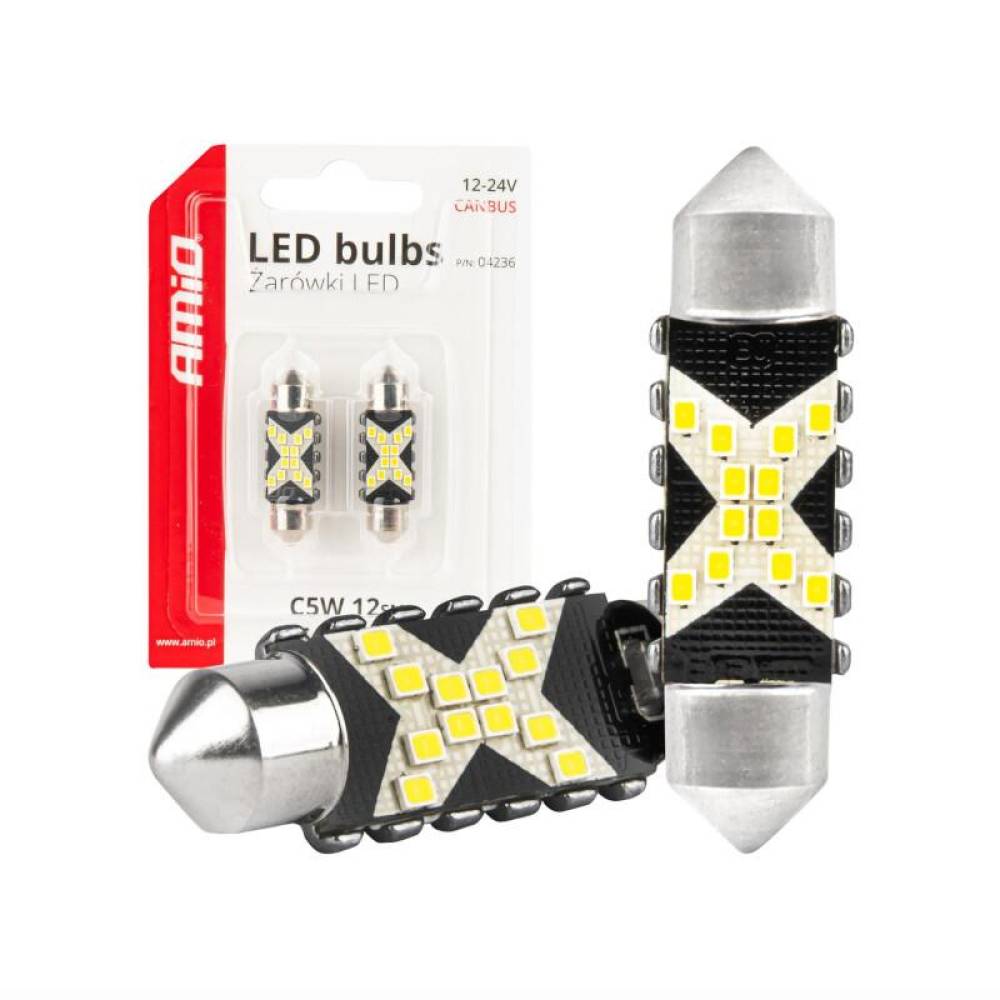 Set 2 becuri sofit, 12-24V, C5W, 36mm, 12 LED-uri SMD 2016, Canbus, alb, 04236 Amio
