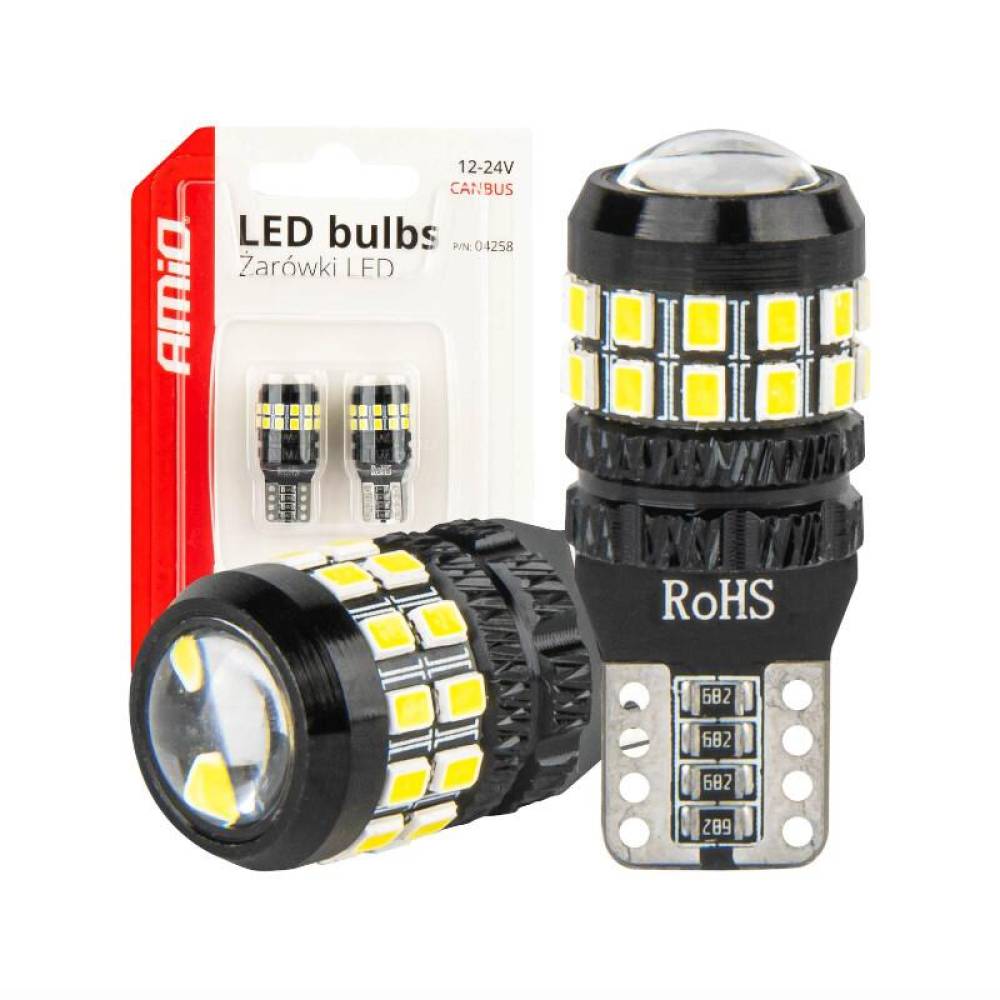 Set 2 becuri T10, 27 LED-uri, SMD 3014, 12-24V, W5W, 5500K, cu lupa, Canbus, alb, 04258 Amio