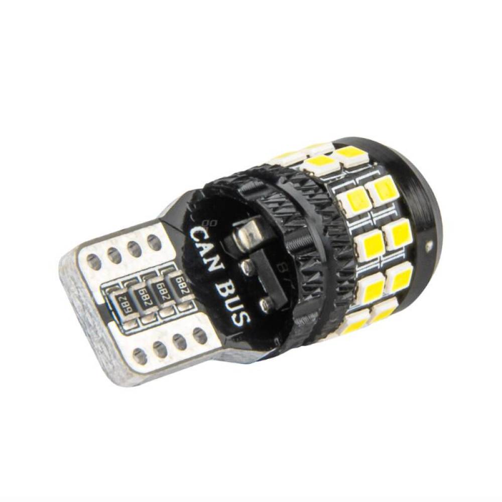 Set 2 becuri T10, 27 LED-uri, SMD 3014, 12-24V, W5W, 5500K, cu lupa, Canbus, alb, 04258 Amio