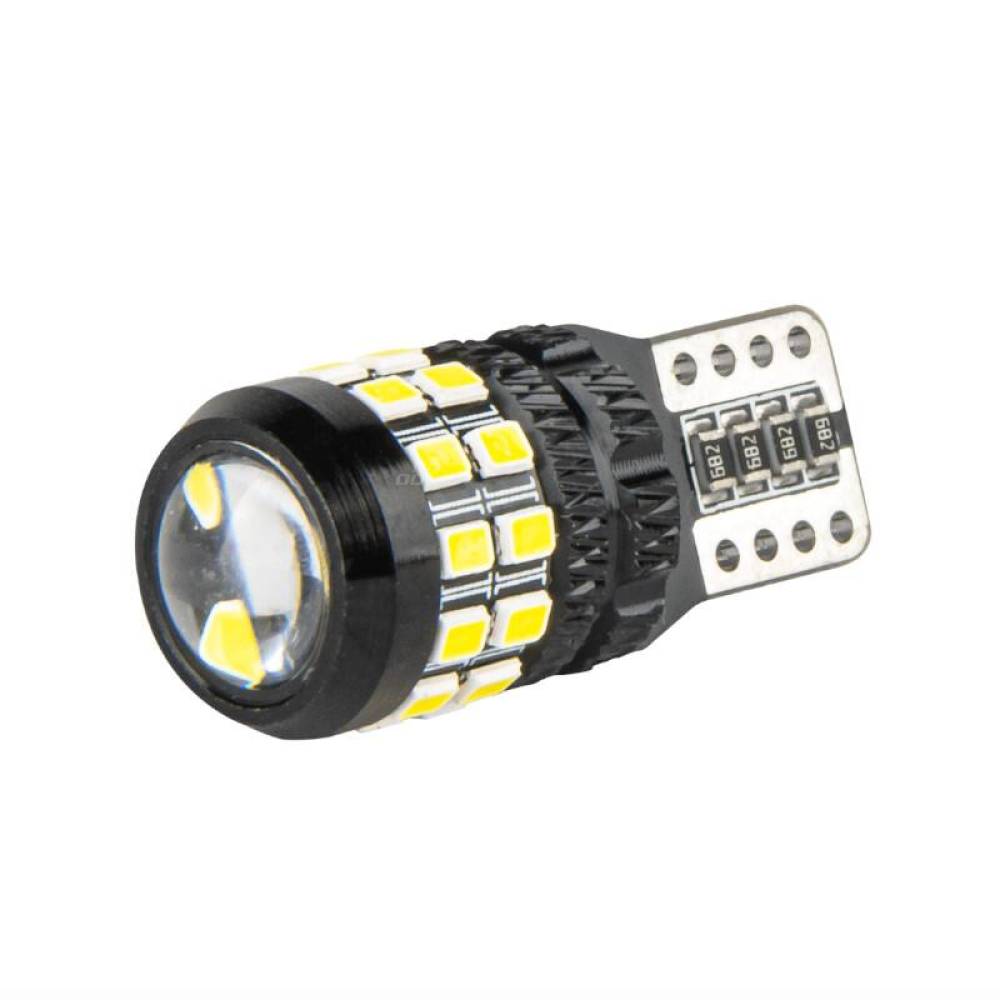 Set 2 becuri T10, 27 LED-uri, SMD 3014, 12-24V, W5W, 5500K, cu lupa, Canbus, alb, 04258 Amio
