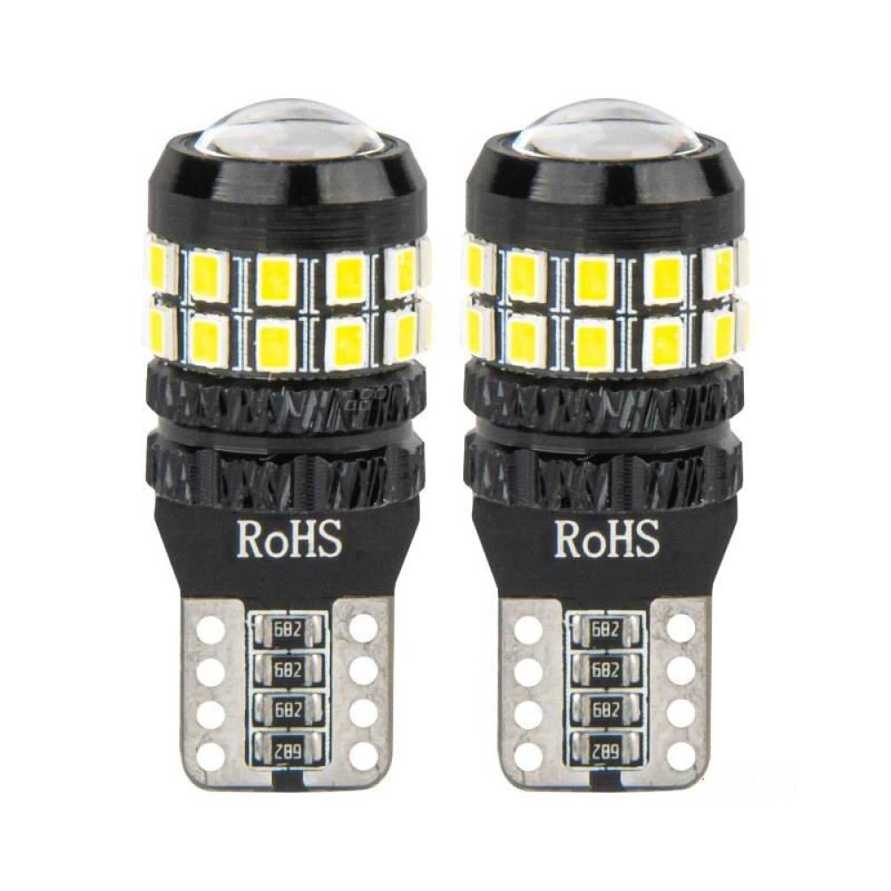 Set 2 becuri T10, 27 LED-uri, SMD 3014, 12-24V, W5W, 5500K, cu lupa, Canbus, alb, 04258 Amio