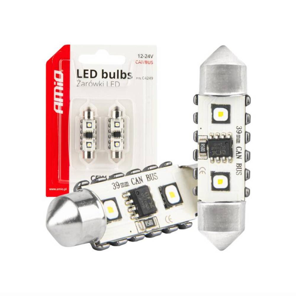 Set 2 becuri sofit, 12-24V, C5W, 39mm, 2 LED-uri SMD 3838, Canbus, alb, 04249 Amio
