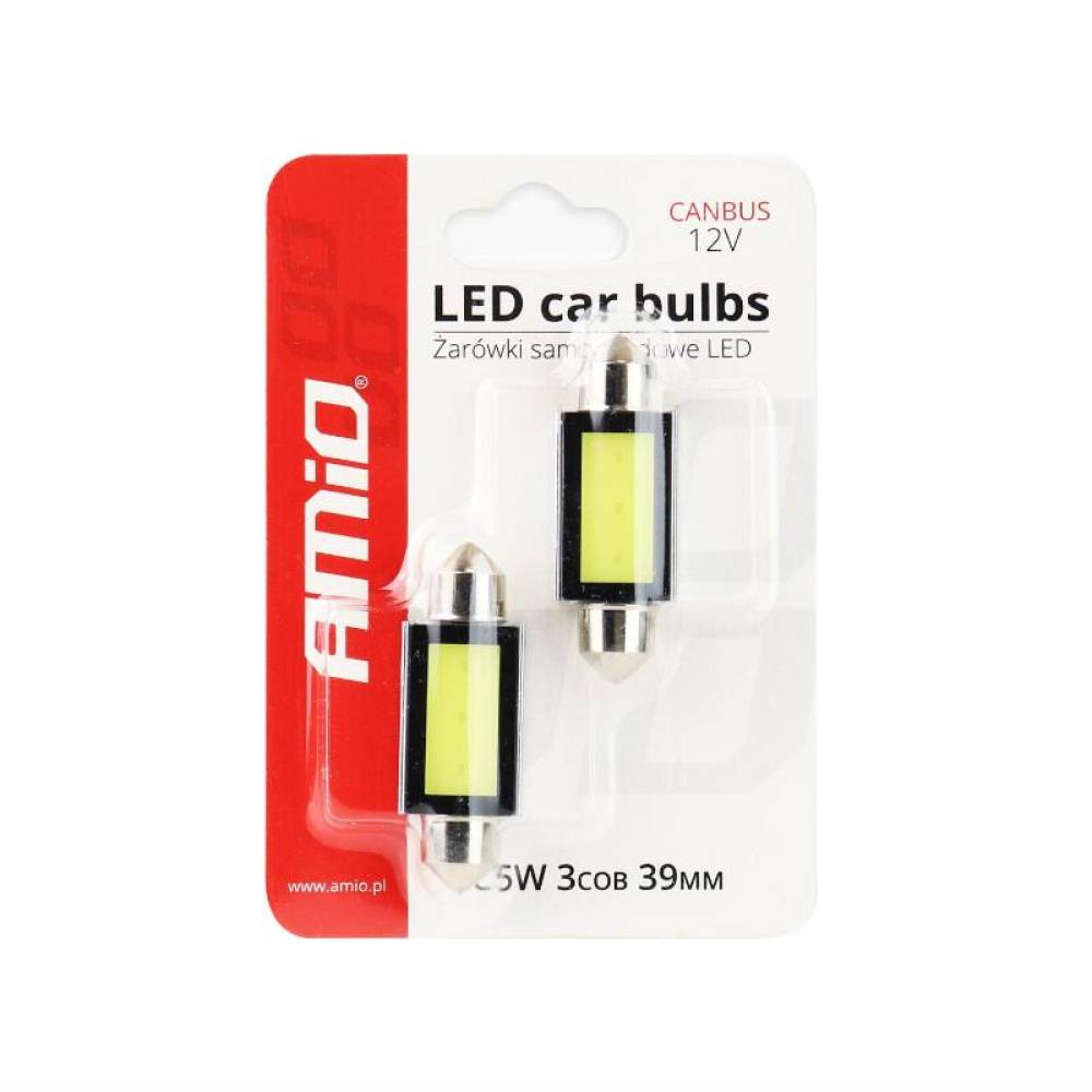 Set 2 becuri sofit, 12V, 2.4W, C5W, 39mm, 3 LED-uri COB, Canbus, alb, 01640 Amio