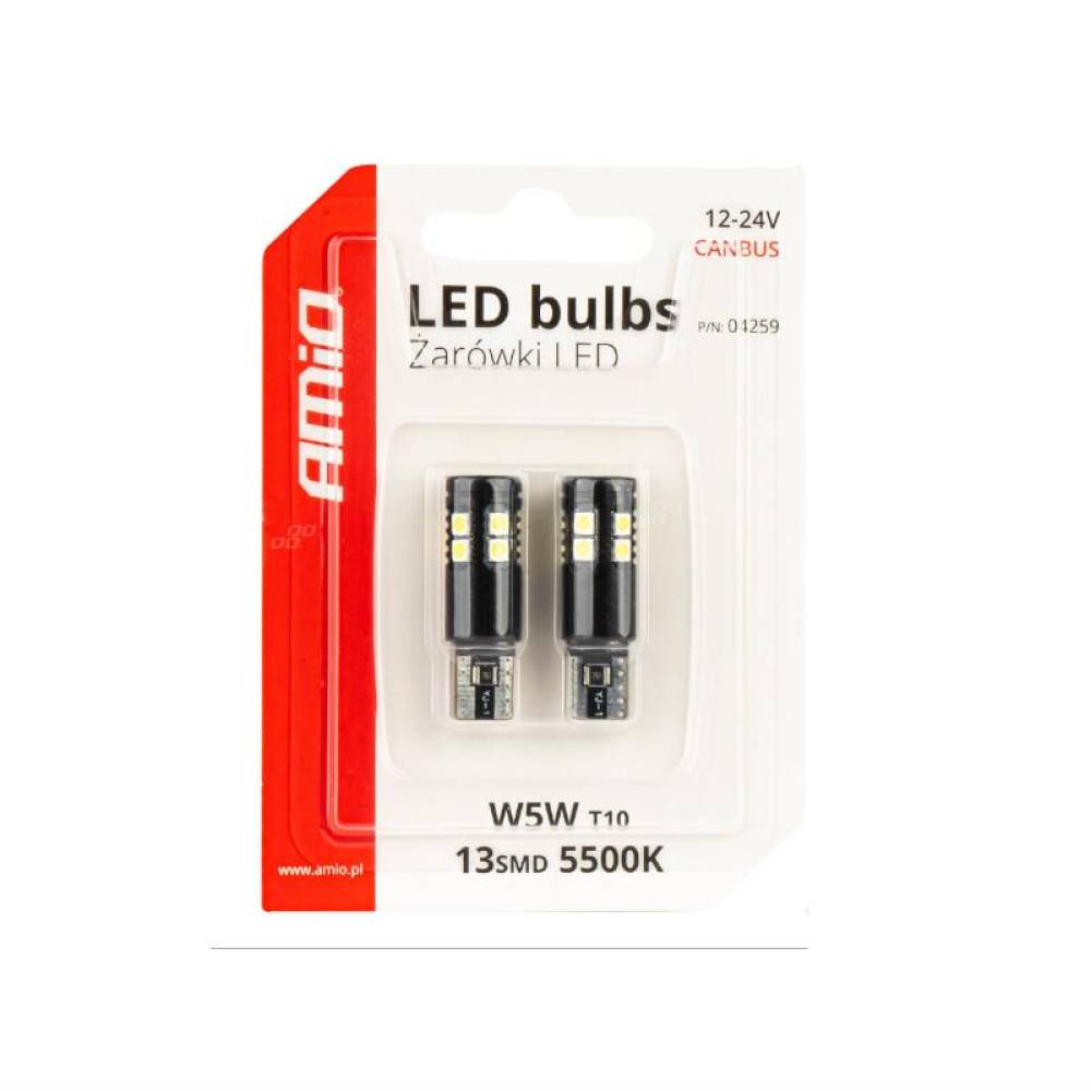Set 2 becuri T10, 13 LED-uri, SMD 3030, 12-24V, W5W, 5500K, Canbus, alb, 04259 Amio