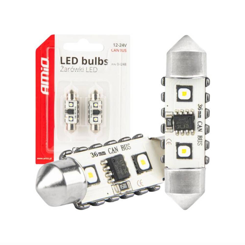 Set 2 becuri sofit, 12-24V, C5W, 36mm, 2 LED-uri SMD 3838, Canbus, alb, 04248 Amio