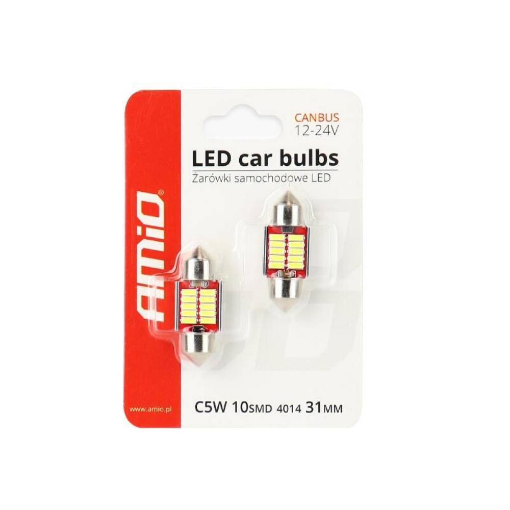 Set 2 becuri sofit, 12-24V, C5W, C10W, C3W, 31mm, 10 LED-uri SMD 4014, Canbus, alb, 01288 Amio