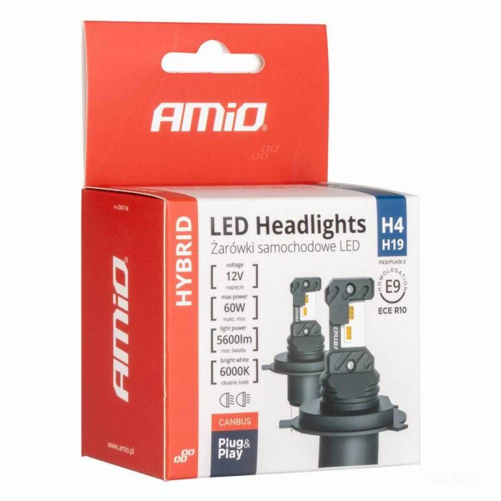 Set 2 becuri H4-H19, LED, 12V, 60W, 5600lm, 6000K, cu ventilator, Canbus, Hybrid 04114 Amio