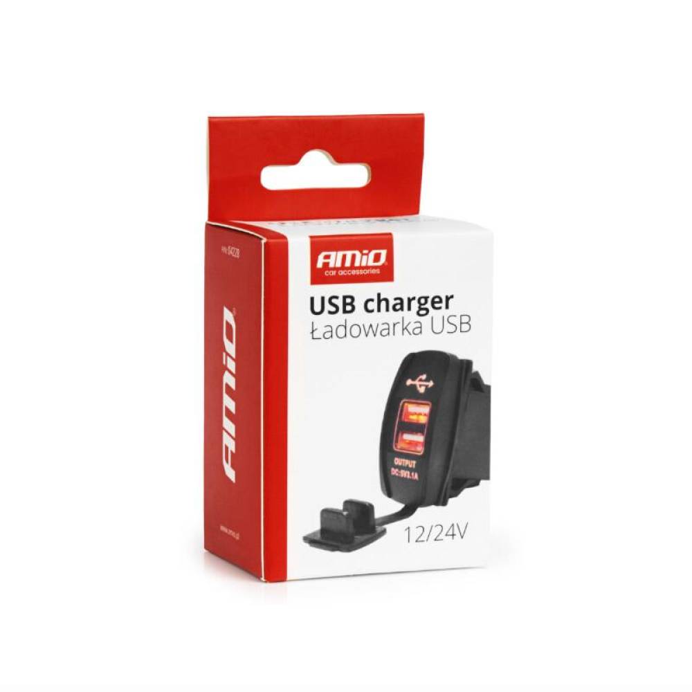 Priza cu 2 USB, cu LED rosu, 12-24V, incastrabila, 04228 Amio Priza cu 2 USB, cu LED rosu, 12-24V, incastrabila, 04228 Amio