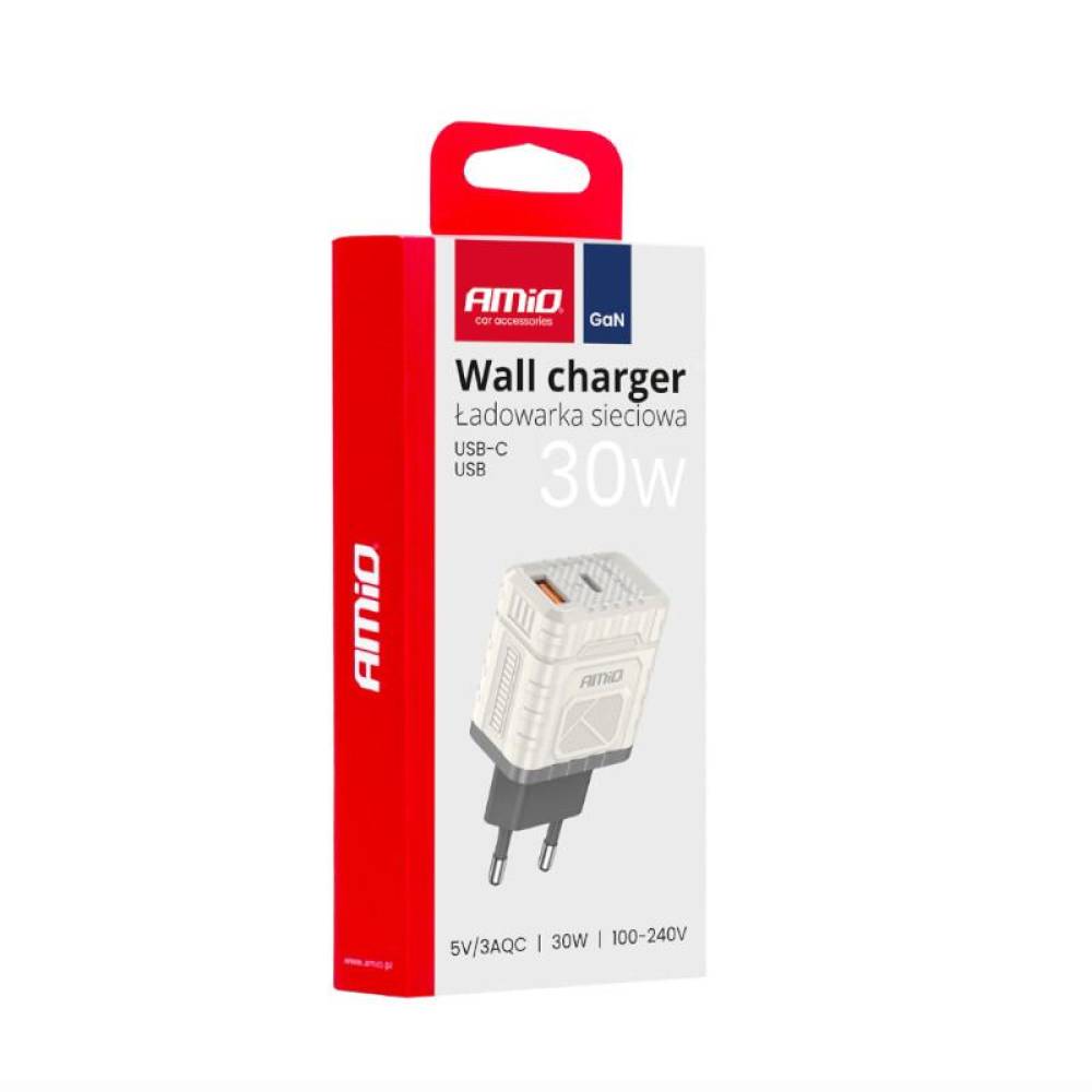 Incarcator rapid cu 2 USB-uri, priza 220V, USB-C si USB-A, 30W, 3AQC, tehnologie GaN, 04286 Amio