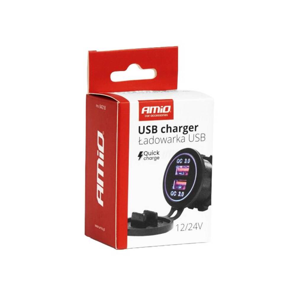 Priza cu 2 USB, 12-24V, 2xUSB QC3.0, cu LED albastru, incastrabila, 04218 Amio