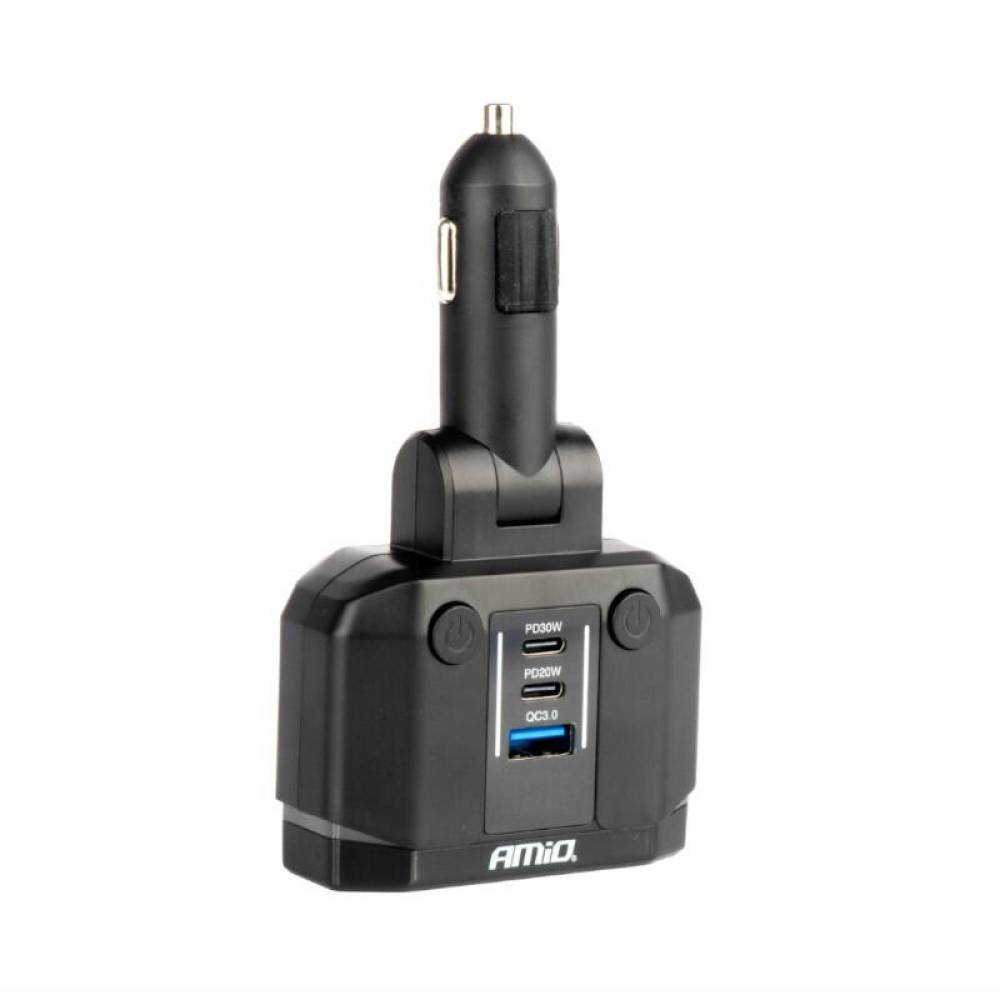 Stecher cu 2 prize, 1xUSB-A QC3.0, 1xUSB-C PD20W si 1xUSB-C PD30W, 12-24V, 200W, cu voltmetru LED, buton control On-Off, rabatabil, 04174 Amio Stecher cu 2 prize, 1xUSB-A QC3.0, 1xUSB-C PD20W si 1xUSB-C PD30W, 12-24V, 200W, cu voltmetru LED, buton control On-Off, rabatabil, 04174 Amio