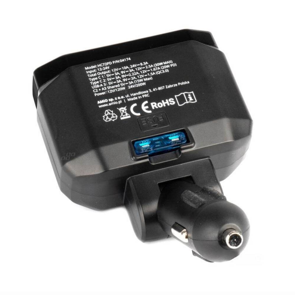 Stecher cu 2 prize, 1xUSB-A QC3.0, 1xUSB-C PD20W si 1xUSB-C PD30W, 12-24V, 200W, cu voltmetru LED, buton control On-Off, rabatabil, 04174 Amio Stecher cu 2 prize, 1xUSB-A QC3.0, 1xUSB-C PD20W si 1xUSB-C PD30W, 12-24V, 200W, cu voltmetru LED, buton control On-Off, rabatabil, 04174 Amio