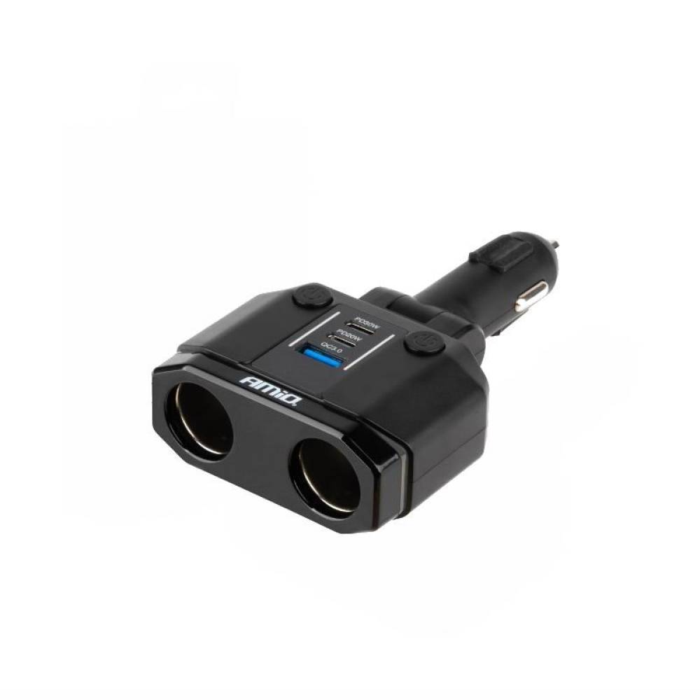 Stecher cu 2 prize, 1xUSB-A QC3.0, 1xUSB-C PD20W si 1xUSB-C PD30W, 12-24V, 200W, cu voltmetru LED, buton control On-Off, rabatabil, 04174 Amio Stecher cu 2 prize, 1xUSB-A QC3.0, 1xUSB-C PD20W si 1xUSB-C PD30W, 12-24V, 200W, cu voltmetru LED, buton control On-Off, rabatabil, 04174 Amio