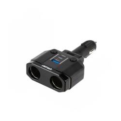 Stecher cu 2 prize, 1xUSB-A QC3.0, 1xUSB-C PD20W si 1xUSB-C PD30W, 12-24V, 200W, cu voltmetru LED, buton control On-Off, rabatabil, 04174 Amio 
