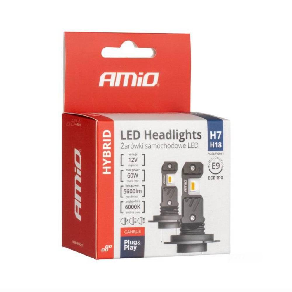 Set 2 becuri H7-H18, LED, 12V, 60W, 5600lm, 6000K, cu ventilator, Canbus, Hybrid 04115 Amio