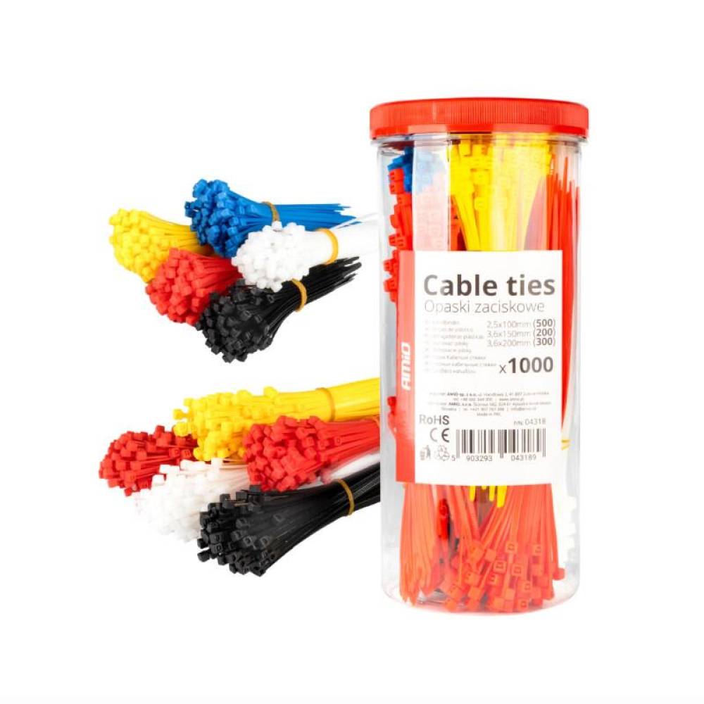 Set 1000 coliere plastic, multicolore, 2.5x100mm, 3.6x150mm, 3.6x200mm, Amio 04318 Set 1000 coliere plastic, multicolore, 2.5x100mm, 3.6x150mm, 3.6x200mm, Amio 04318